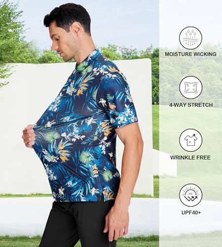 Damipow Mens Navy Palm Hawaiian Polo
