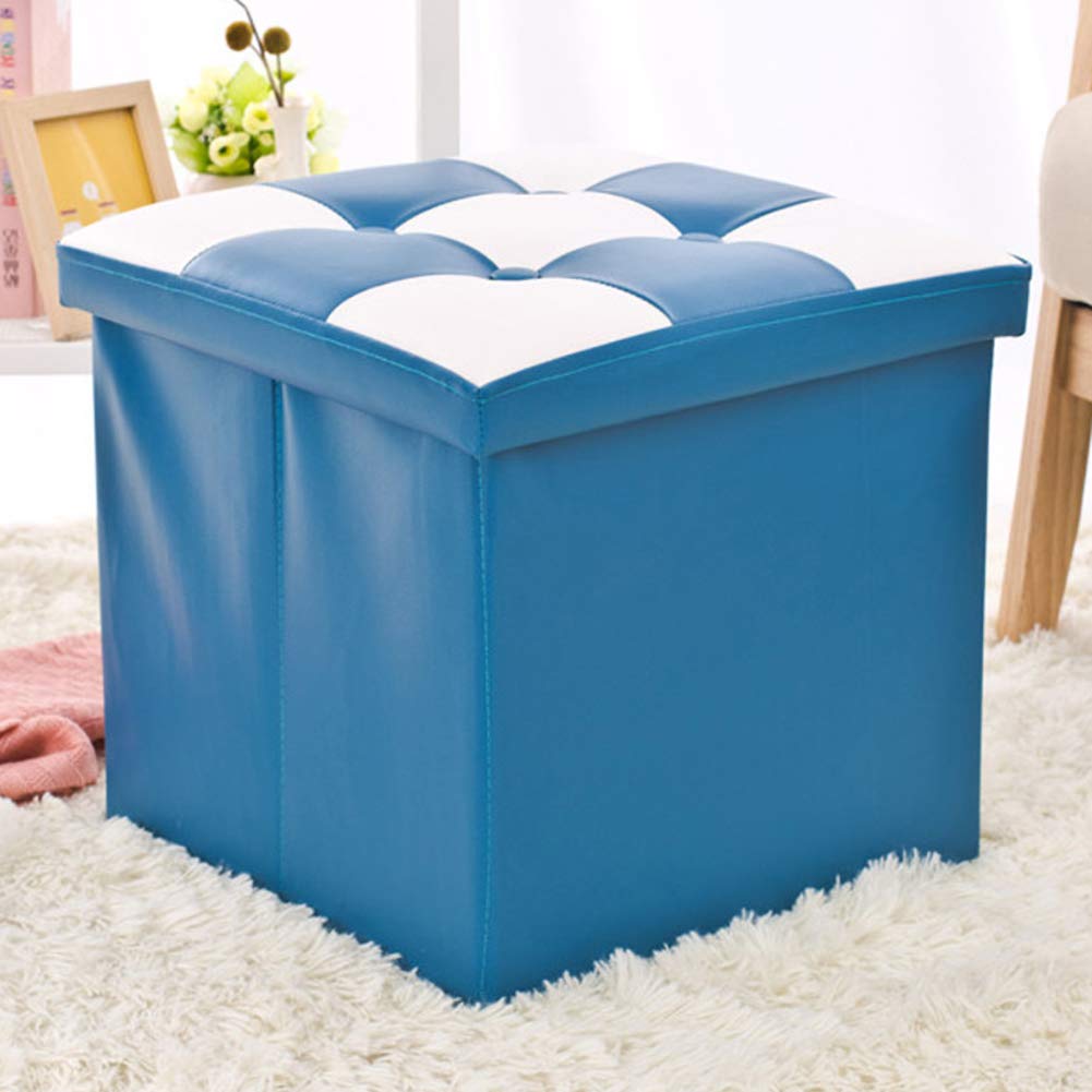 Repose-Pieds Ottoman pour Gagner de l'Espace | Pouf Coffre Bleu Pliant et Cube de Rangement Cuir