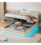 Xbro Gestoffeerd bed, 140 x 200 cm, met hydraulische opbergruimte, stopcontacten en led-ringverlichting, bed...