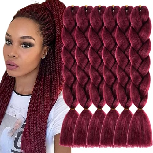 LILYKA SHOW Wine Red Braiding Hair 6 Packs 24 Inch Synthetic Braid Hair Extensions Jumbo Ombre Braiding Hair Box Braids Twist Crochet Braids(24"6Pack,Wine Red)