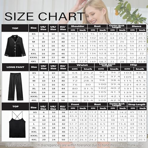 Womens 3Pcs Silk Satin Pajamas Long Set Sexy Cami Top Pajama Sleepwear Silky Pj Sets Loungewear Pjs XS-4XL4