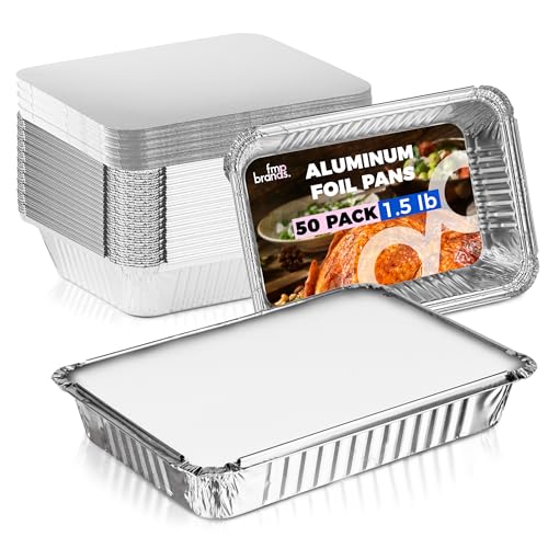 Fit Meal Prep 50 Pack 1.5 lb Aluminum Foil Pans with Lids, Disposable Take Out Food Containers with lids for Freshness and Spill Proof, 8.75 x 6.25 x 1.5 Disposable Cookware for Catering, Restaurants