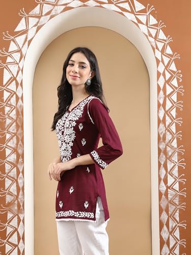 Image of Seva Chikan Hand Embroidered Lucknowi Chikankari Cotton Short Top Tunic for Women SCL9017