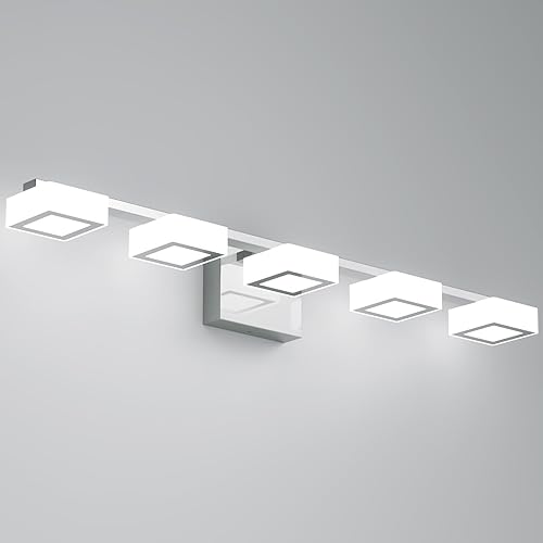 Miniatura 14 de MYTH REALM Lámparas LED modernas para baño sobre el espejo, 4 luces regulables de tocador, luz acrílica negra mate, ajustable de 2700 K-6500 K,