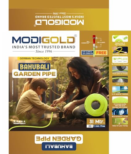 Image of BAHUBALI Garden Hose Pipe With Free Accessories | Leak Proof UV & Weather Resistant easy Recover | Easy to Connect for Home Gardening, lawn, Car Wash (Size - 30 Mtr + 1 Mtr Free) (3 /4 Inch)