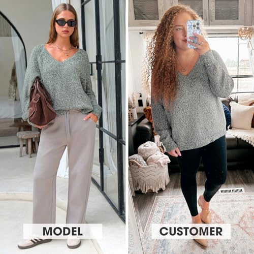 EXLURA Womens Fall Oversized Sweaters Cotton Long Sleeve V Neck Off Shoulder Sweater Pullover Jumper Tops Trendy Winter 20252