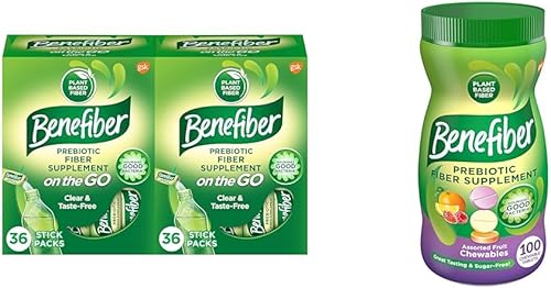 Benefiber On The Go Suplemento de fibra prebiótica en polvo para salud digestiva y tabletas masticables de fibra prebiótica para salud digestiva,