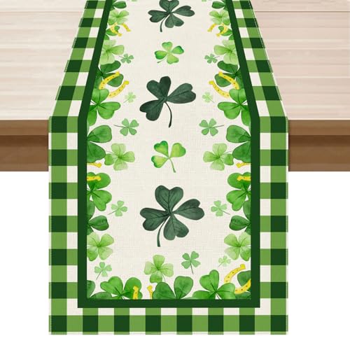 XCHI Green Plaid Four-Leaf Clovers Shamrocks Horseshoes St. Patrick's Day Table Runner Table Decoration for Party Home Kitchen Dining Holiday Decor 13x72 Inch