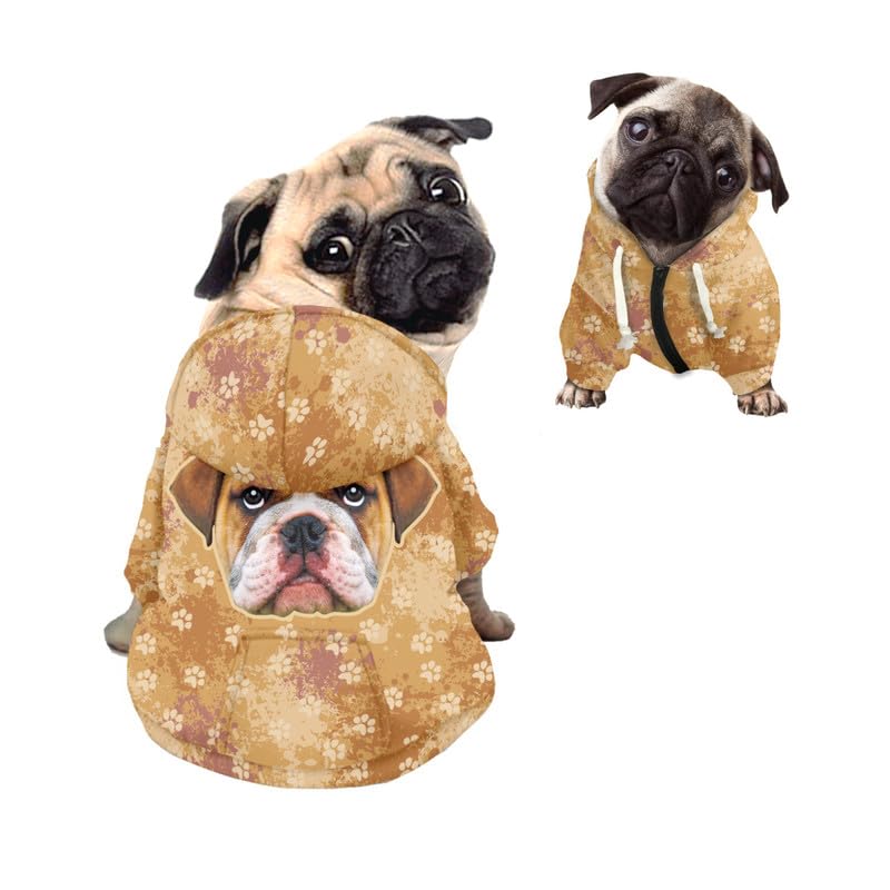 Kuiaobaty Fun Bulldog Print Hooded Pet Sweatshirt Small Dog Hoody Coat with Hat, Brown Paws Pattern Puppy Pets Pullover Clothes Outfits