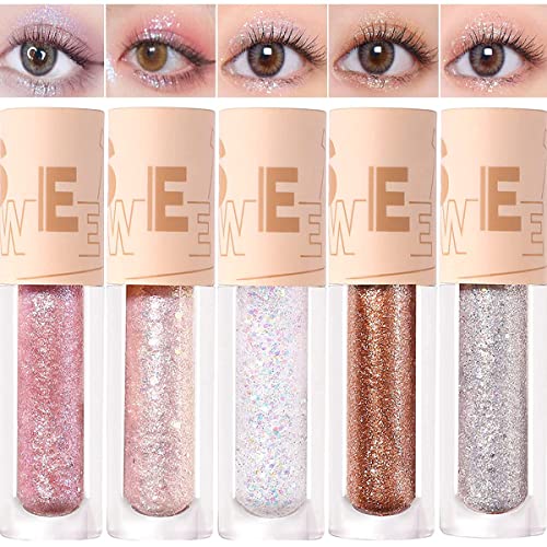 Traje de sombra de ojos brillante líquido 5pcs, sombra de ojos brillante de diamante metálico brillante, sombra de ojos brillante de secado rápido y duradera, creando maquillaje de ojos brillante