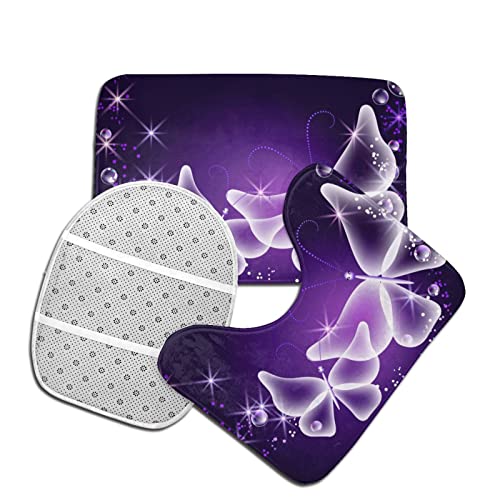DIRYKILP Badematte + Konturmatte + Toilettendeckelbezug, lila Schmetterling 3 Stück Badematte Set, mit rutschfester Klebeunterseite – Bild 5