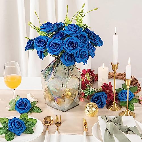 Garlag 25Pcs Artificial Flowers Roses, Real Touch Foam Roses with Stems for Wedding Bridal Bouquet, Mother's Day, Valentine's Day, Home Decoration, Anniversary, Party Decorations (Dark Blue) - Image 2