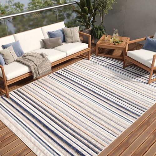 TAPISO Patio Teppich Outdoor Indoor Grau Mehrfarbig Linien Wetterfest Flachgewebe Wasserfest UV-beständig Wohnzimmer Terrasse ÖKO-TEX 80 x 150 cm