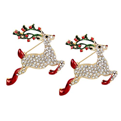 Ouken Joyería de la Navidad de la Broche de Elk Pin de Cristal de Diamante de Navidad Ramillete Insignia de Solapa Reno Breastpin Bling Bling XMS Broche Feliz Navidad Rhinestone Broche 2pcs