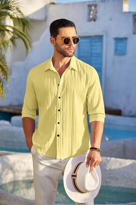 Image of FINIVO FASHION Men's Casual Cotton Plain Button Down Shirt Long Sleeve Textured Summer Beach Shirt for Men