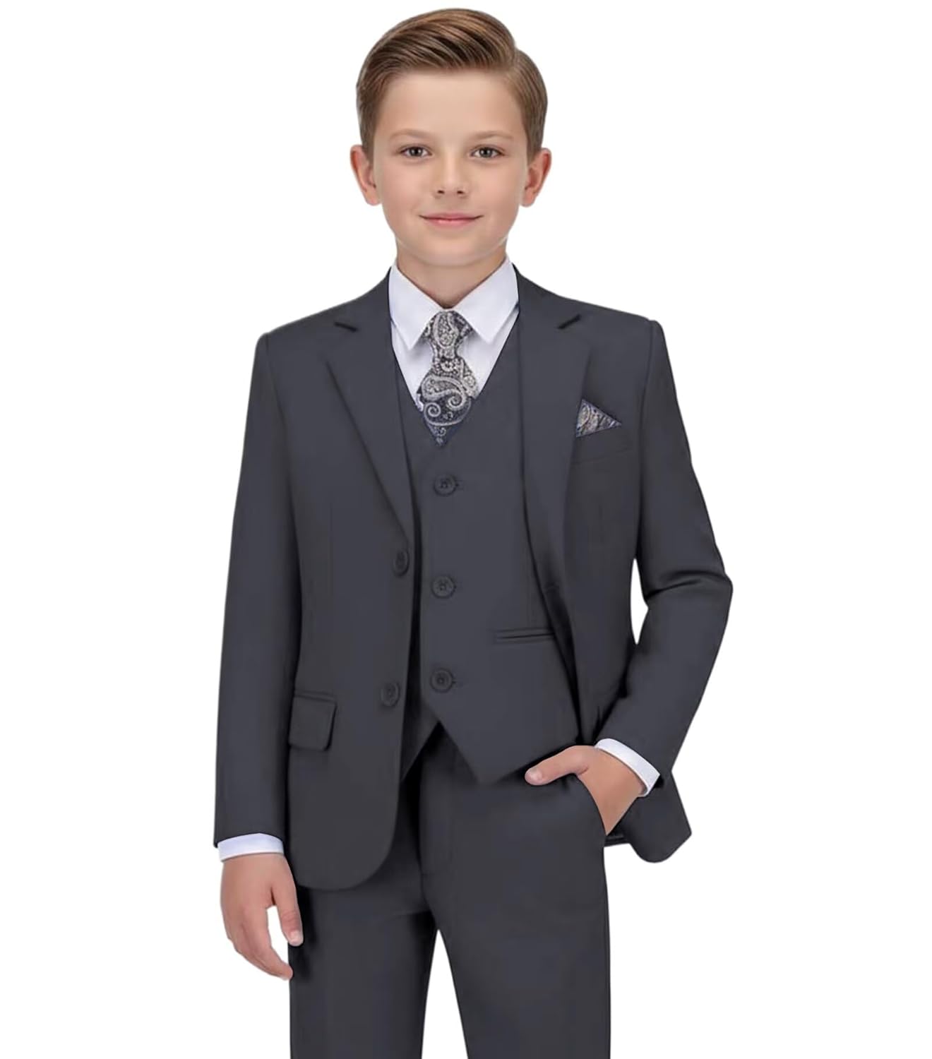 LOPEN STU Meninos Terno Masculino Slim Fit, Vestido Formal, Conjunto De Smoking, Cinza, Porta-Alianças, Tamanho 6
