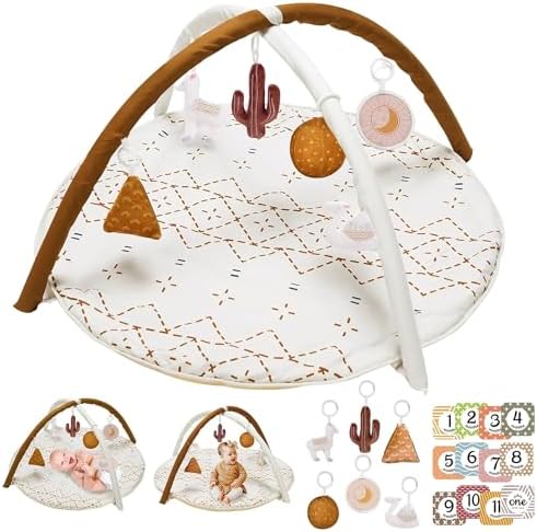 Baby Play Mat, Macrame Activity Gym Stage-Based Sensory and Motor Skill Development Language Discovery Baby Play Gym and Playmats for Newborn with 6 Featured Toys Thicker and Non Slip Mat
