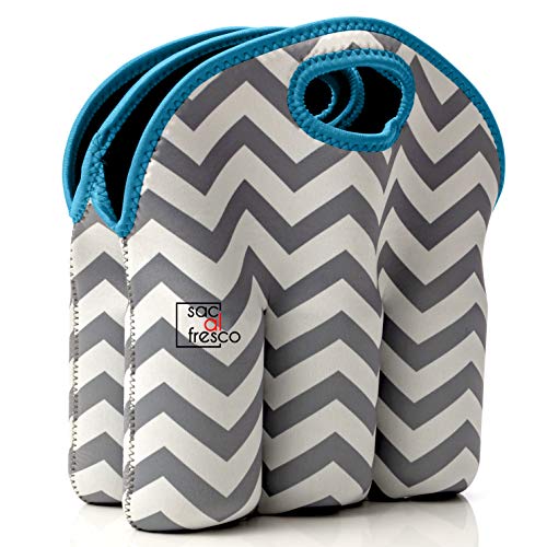 Image of Vettore Sac al Fresco Neoprene 6 Pack Bottle Carrier, Extra Thick Insulated Baby Bottle Cooler Bag Keeps Baby Bottles Cold or Warm (gray chevron blue trim)