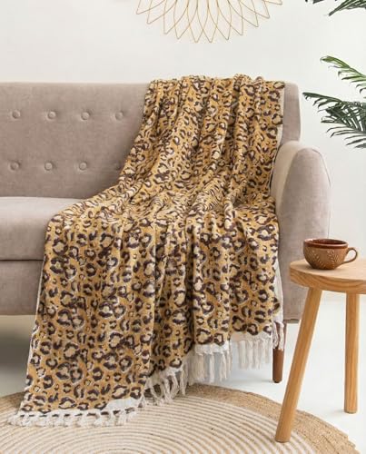 Image of Cotton Sofa Throw Blanket with 2 pcs Cushion Covers Lightweight Decorative Couch & Bed Bagru Print Throws (Pack of 3, Leopard Print)