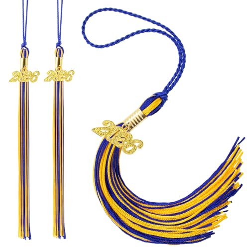 2Pcs Tassel Graduation 2026 Blue and Gold Tassels for Graduation Cap 2026, Grad Cap Decorations with Gold 2026 Tassel Charm, Class of 2026 Tassels Gifts Grad Decoration for Ceremonies Accessories