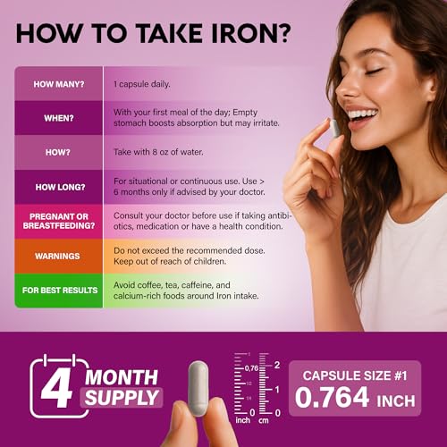 Image of Iron Supplement for Women - Iron 65mg (Ferrous Sulfate 325mg) - 120 Caps | Iron Level & Energy Support - Vitamins C, D3, B6, B12 & Folate - Stomach Friendly, Slow Release, Bioavailable, 120-Day Supply