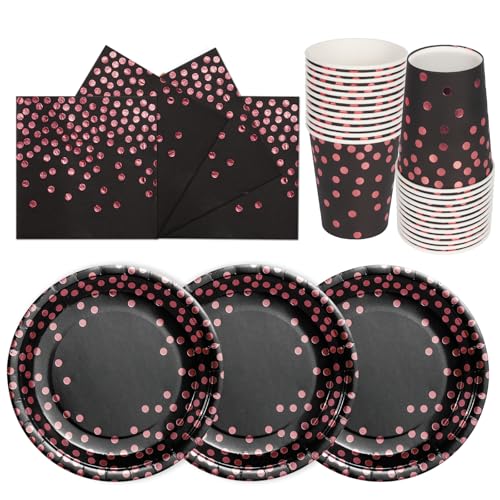PYAILI Anniversaire Vaisselle de fete 72 Pièces Or Rose Noir Party Assiettes en Papier Set Assiettes de Fête Jetables Papier Tasses Serviettesr, pour...