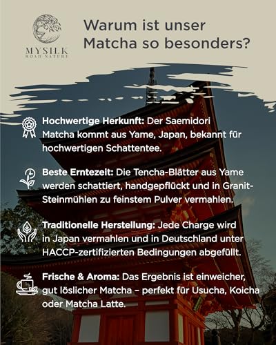 Detaillierte Ansicht des vibranten grünen MySilkRoadNature Matcha Pulvers - Detailansicht von Saemidori Matcha 35g Yame...