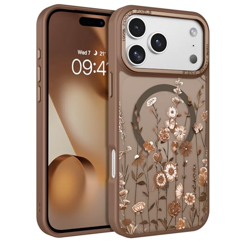 Image of DOMAVER for iPhone 17 Pro Max Case, Magnetic Phone Case for iPhone 17 Pro Max [Compatible with MagSafe] Slim Fit Flowers Floral Design Shockproof Protective Bumper Women Men Girls Boys Cover- Brown