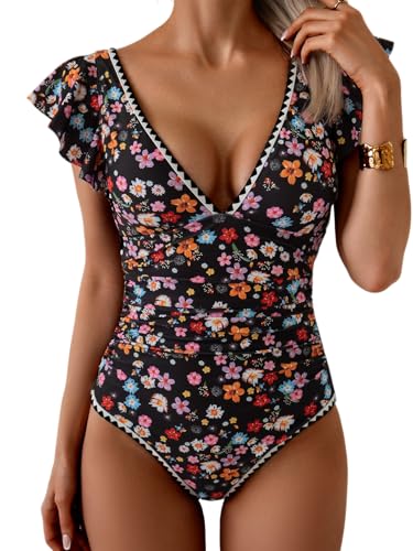 Image of Aidonger Women's One Piece Ruffle Swimsuit Tummy Control Bathing Suit V Neck Shell Stitched Swim Suit Slimming Swimwear