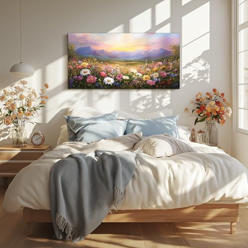 crmotu Landscape Wall Art, Mountain Wall Art, Floral Wall Decor, Daisy Flower Field Canvas Artwork, Rustic Bright Big Paintings for Living Room Bedroom Entryway Home Office Prints 24x48inch