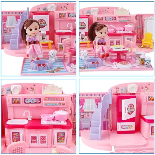 Image of 2-In-1 Light & Music Portable Pink Doll House Play Set With Carry Case And Doll Mini Doll House In A Stylish Handbag- Great Gift Dollhouse Set For Kids