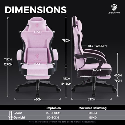 Sedia da Gaming in Tessuto con Cuscino a Molle, Supporto Lombare e Poggiapiedi per Adulti, Sedia da Gioco Ergonomica, Grande e Alta, per Giochi da Ufficio, 135 kg, Rosa - Sedia gaming - Immagine 1