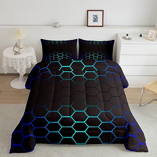 Image of Geometrics Honeycomb Comforter Set Full, Abstract Ombre Honeycomb Bedding Set for Kids Beehive Hexagon Comforter Simplistic Duvet Set 3Pcs