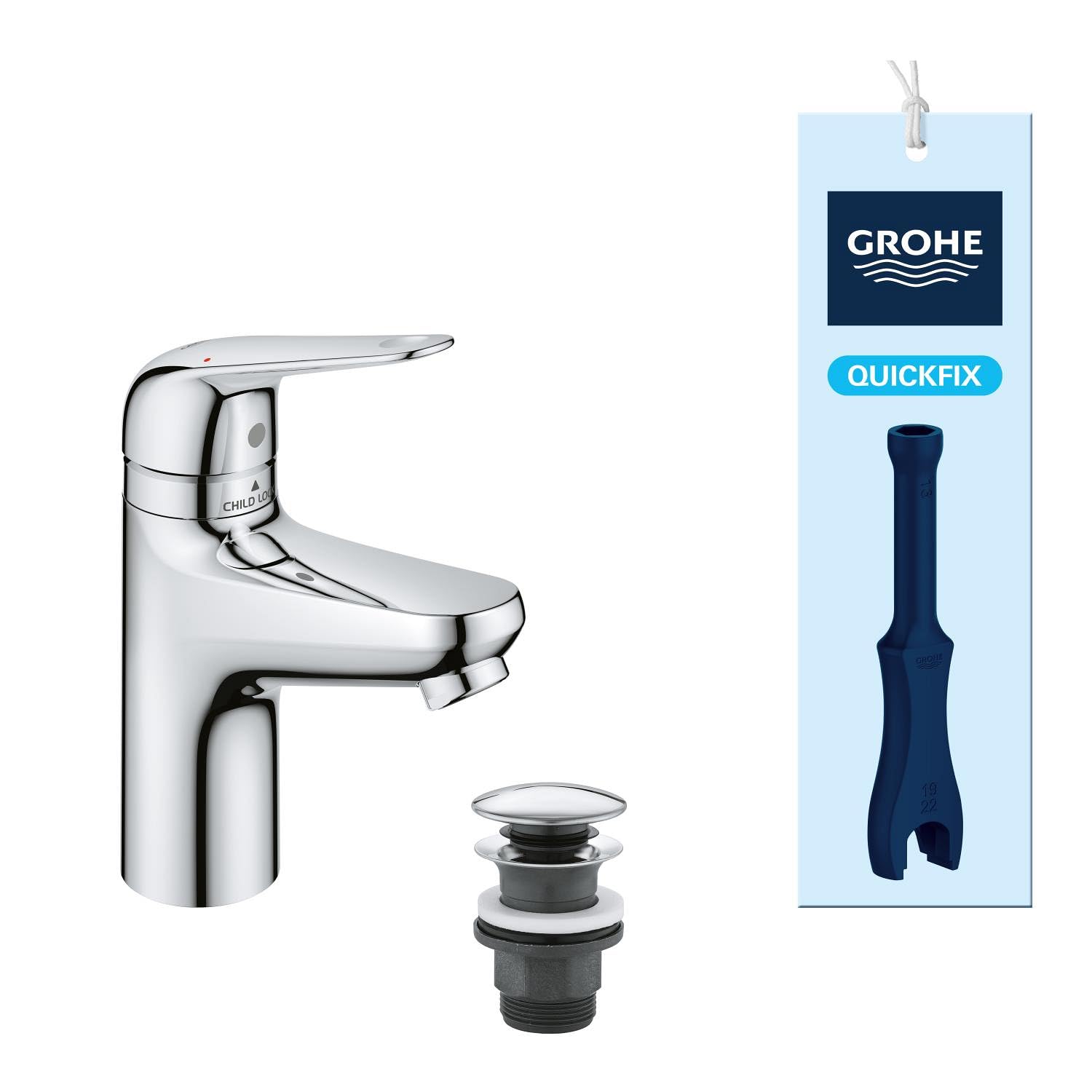 GROHE QUICKFIX - SWIFT, Mitigeur lavabo, avec bonde de vidage Clic-Clac, Sécurité enfant, outil de montage fourni, Economie d'eau, Taille S, Chromé, 24319001