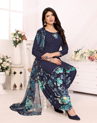 Image of Yashika Women's Printed Dress Material - Unstitched Crepe Fabric Kurti, Pants & Dupatta Set (AZ-YS-P4-BLUE FLOWER)