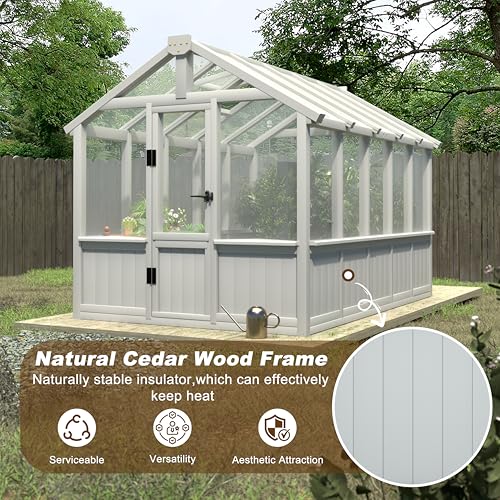 Image of MUPATER 6 x 10 FT Cedar Wood Greenhouse for Outdoors, Outdoor Greenhouse With Polycarbonate Panels, Adjustable Vent Windows and Lockable Door, Wooden Walk-In Green House Kit for Garden, Lawn, Backyard