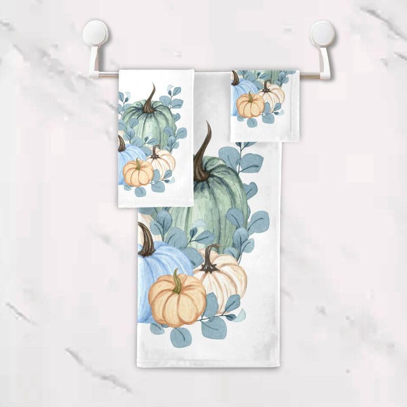 Miniatura 5 de Juego de 3 toallas de baño de acuarela de color azul calabaza, diseño floral, para Halloween, otoño, súper suaves, de lujo, toallas de mano