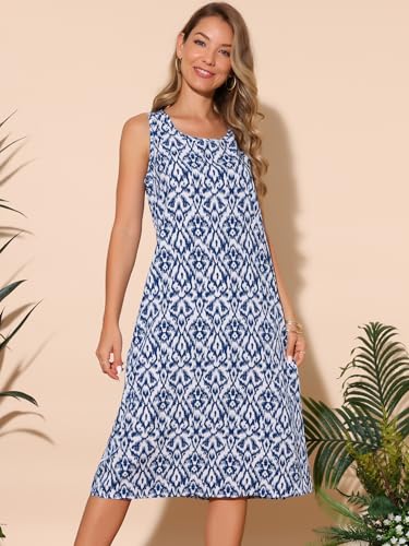 Image of Seta T Women's Summer Dresses Beach Casual Sleeveless Sundress Crewneck Print Loose Midi Tank Dress with Pockets