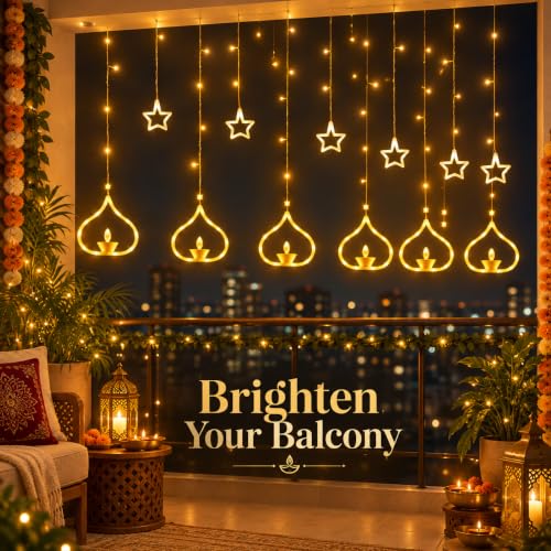 Image of Gesto 12 Diya Curtain Lights - 108 LED Warm White Fairy Lights with 8 Flashing Modes | Plug in Deep Style Diya Lights for Home,Balcony, Mandir,Pooja Room,Diwali Decoration & Festival Decor (11 Ft)