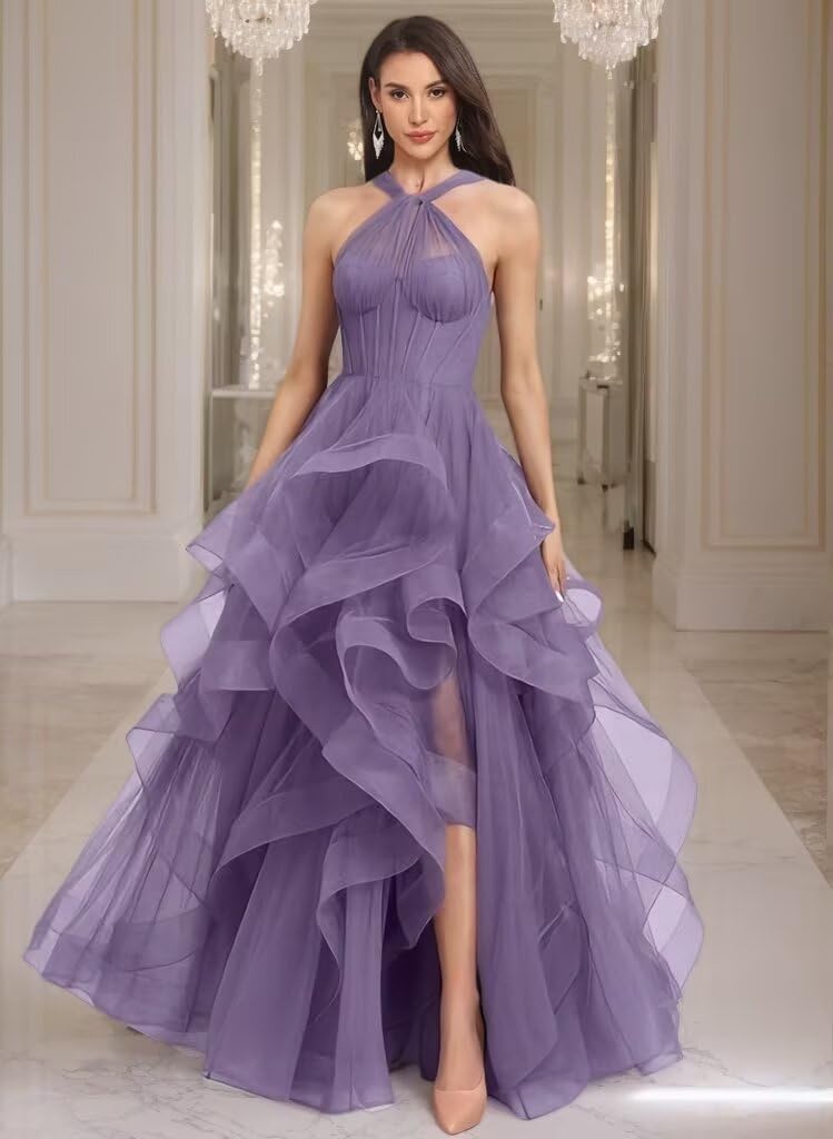 One Shoulder Prom Dresses for Women 2026 Tiered Ruffle Tulle Ball Gowns Pleated Layer Formal Evening Party Dress with Slit