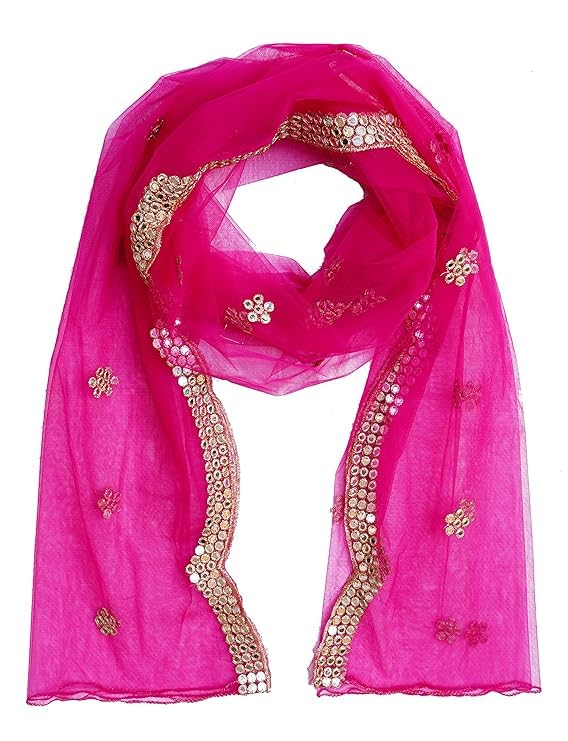Fashstastic Embroidered & Embellished Plastic Mirror Net Dupatta for Womens & Girls With Cut Design