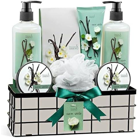 Warm Vanilla Bath and Body Gift Basket for Women & Men 8-Piece Spa Luxurious Bath Set Shea Butter, Vitamin E Fragrant Ultra Soft Lotion Hand Cream Scrubs & More Reusable Basket Perfect Holiday Gift Cover