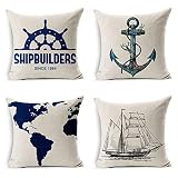 RuiHome 4 Pieces Nautical Theme Throw Pillow Covers Cotton Linen Decorative Cushion Case for Sofa Co