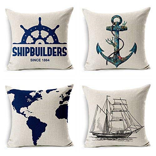 Ruihome 4 Pieces Nautical Theme Throw Pillow Covers Cotton Linen Decorative Cushion Case For Sofa Couch Chair Lounge - 18 X18 Inch #TOP10