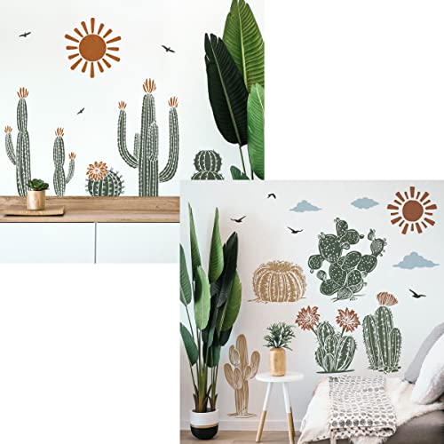 Mfault Boho Cactus Botanical Wall Decals Stickers, Bohemian Cacti Green Plant Sun Nursery Decorations Kids Bedroom Art, Neutral Toddlers Room Classroom Playroom Decor #TOP23