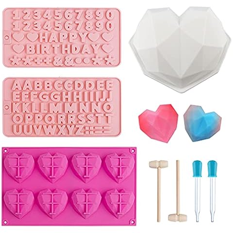 Silicone Chocolate Moulds,Icnow 6 Pack Heart Moulds 8 Cavity 3D Diamond Moulds Silicone Letters Numbers Mold for Chocolate Soap Pudding Cake Candy Jelly Handmade Mould DIY Tool Cover
