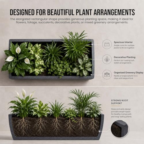 Image of Go Hooked Rectangular Leios Planter Pot 36x14 Inch | Grey Ribbed Design Plastic Flower Pot for Indoor Outdoor Garden Balcony Terrace Living Room | Decorative Long Plant Container with Drainage Hole