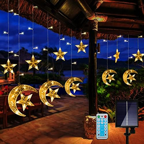 Solar Star and Moon Light Outdoor LED Curtain String Lights Waterproof Fairy String Lights Solar Powered 8 Modes Hanging Lights for Window Fence Tent Garden Patio Home Outdoor Decor (Warm)