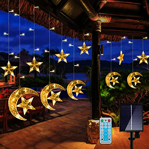 Solar Star And Moon Light Outdoor Led Curtain String Lights Waterproof Fairy String Lights Solar Powered 8 Modes Hanging Lights For Window Fence Tent Garden Patio Home Outdoor Decor (Warm) #TOP16