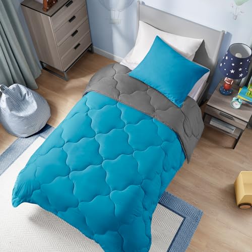 Image of Comfort Spaces Vixie Reversible Comforter Set - Trendy Casual Geometric Quilted Cover, All Season Down Alternative Cozy Bedding, Matching Sham, Teal /Charcoal, Twin /Twin XL 2 piece